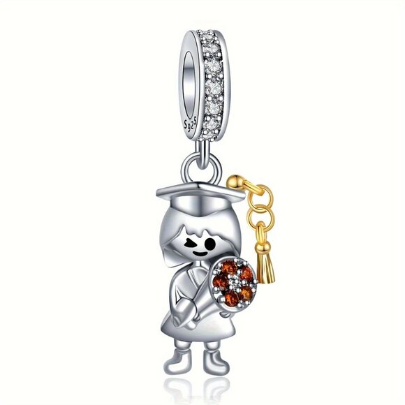 Sterling Silver Graduation Charm Girl Graduate with Cap and Gown Dangle - Picture 1 of 3